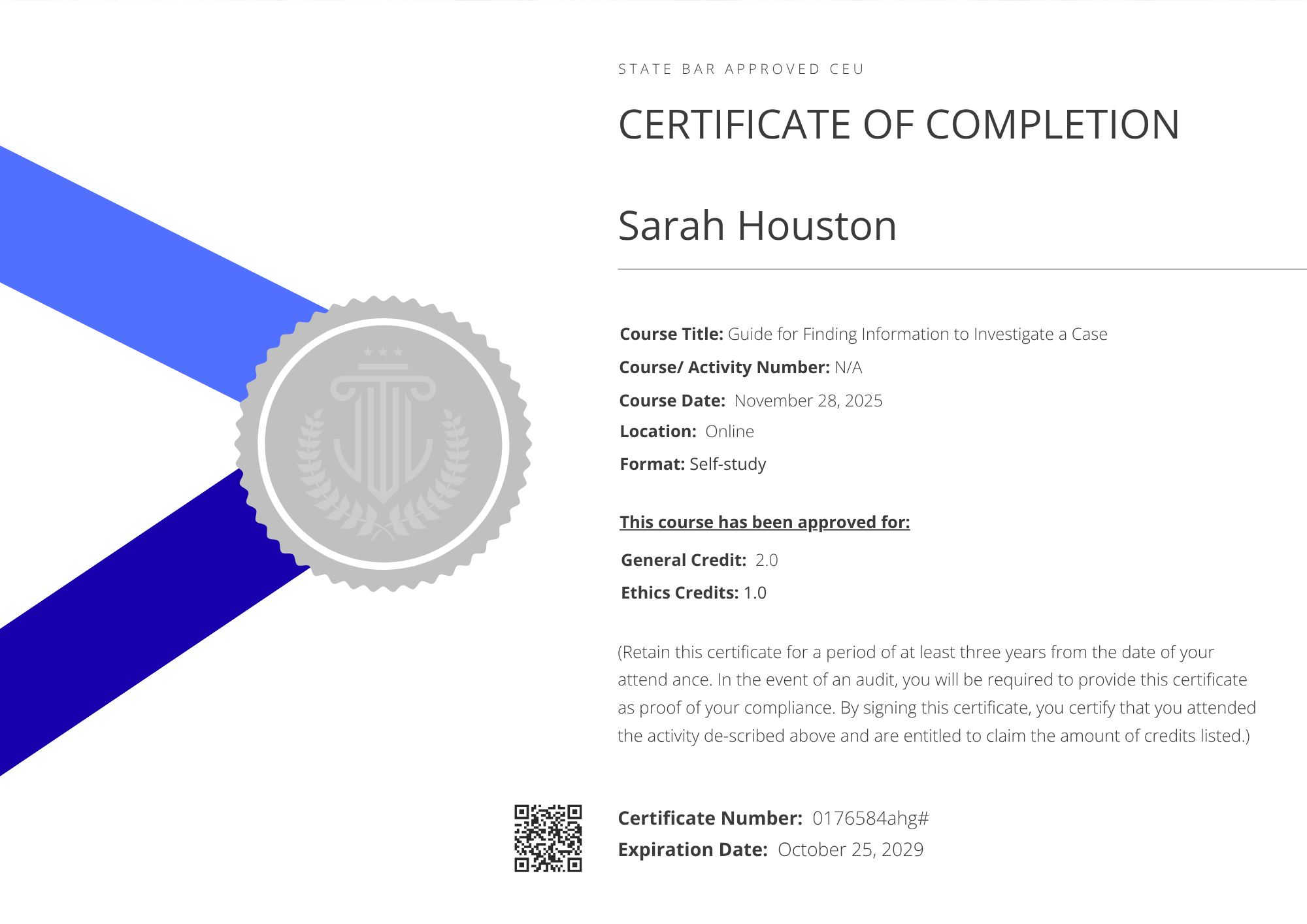 Simple CEU Certificate of Completion template